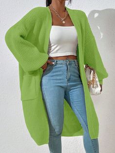 Dual Pocket Drop Shoulder Duster Cardigan,Long Sleeve Tops Green Casual  Long Sleeve Fabric Plain  Medium Stretch Fall/Winter Women Clothing, size features are:Bust: ,Length: ,Sleeve Length: Green Solid Color Cardigan For Fall, Green Solid Color Fall Cardigan, Trendy Green Acrylic Outerwear, Green Sweater Coat For Fall, Green Long Sleeve Sweater Coat For Winter, Green Sweater Coat For Cold Weather In Fall, Trendy Sweater With Pockets For Cold Weather, Green Solid Color Winter Cardigan, Solid Long Sleeve Acrylic Cardigan