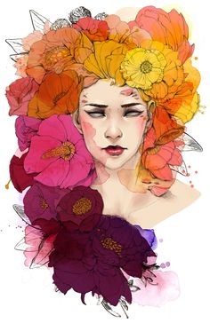 a watercolor painting of a woman with flowers in her hair and the words, i am