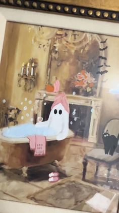 a painting of a bathroom with a ghost in the bathtub