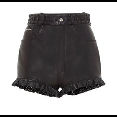 These Nappa 5 Pocket Hot Pants Are Decorated With Metal Studs. Perforated Leather Is Used On Both Rear Pockets And A Frill At Bottom Hems. Single Metal Buttoning. Luxury Shorts With Belt Loops, Designer Black Bottoms With Belt Loops, Designer Black Leather Bottoms, Designer Leather Bottoms With Belt Loops, Edgy Fitted Leather Shorts, Edgy Short Leather Bottoms, Fitted Edgy Leather Shorts, Fitted Leather High-waisted Shorts, Fitted High-waisted Leather Shorts