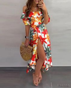 Lasaky - High Slit Tropical Print Off The Shoulder Dress Sukienki Plus Size, Tropical Print Dress, Tropical Dress, Dress Sleeve Styles, Linnet, Necklines For Dresses, Outfit Casual, Tropical Print, Floral Print Dress