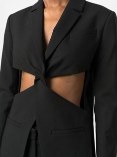 cut-out twist-detail blazer from COPERNI featuring black, wool blend, cut-out detailing, twist detailing, notched lapels, two front welt pockets, long sleeves and rear slit. | Coperni Cut-Out Twist-Detail Blazer Designer Blazers, Crop Blazer, Blazer Designs, Couture Sewing, Runway Collection, Dress Cuts, Blazer Dress, Black Blazers, Upcycle Clothes