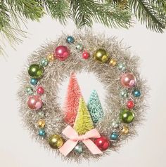 7" Bethany Lowe Pastel Tinsel Wreath Bottlebrush Ornament Retro Christmas Decor  | eBay Fun Christmas Wreaths, Tinsel Wreath, Retro Christmas Decorations, Bethany Lowe Designs, Kitsch Christmas, Vintage Wreath, Brush Trees, Bethany Lowe, Christmas Ornament Wreath