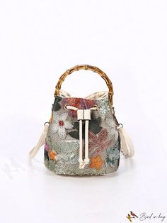 BirdinBag - Fashionable Mini Bucket Bag with Floral Embroidery, Drawstring Closure & Sequin Decoration Multicolor Embroidered Bucket Bag, Daily Use Embroidered Bucket Bag, Embroidered Beige Bucket Bag, Beige Embroidered Bucket Bag, Sequin Decor, Mini Bucket Bags, Sequin Embroidery, Bucket Bags, Mini Bucket