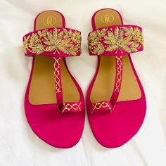 Gorgeous Pink Sandals By Indian Designer Preet Kaur. Shoes Are Vegan With Faux Leather Bottoms. Hand-Embroidered Gold Detail. Absolutely Gorgeous! I Bought These For A Wedding, But Alas, They Were Too Small. Tried On Once At Home. Eur Size 40--But I'm A 9.5, So These Are More Like A 9. Embroidered Round Toe Sandals For Party, Festive Heels For Spring, Pink Embellished Open Toe Sandals, Elegant Sandals For Summer Festivals, Elegant Festive Sandals For Summer, Festive Summer Sandals With Round Toe, Summer Heels With Gota Work, Festive Open Toe Sandals For Spring, Summer Wedding Sandals With Gota Work