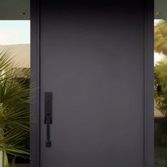 the front door to a house with potted plants