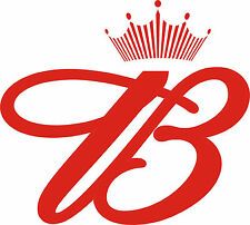 a red and white logo with the number thirteen on it's left side, surrounded by a crown