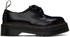 Find Dr. Martens Black Holly Leather Platform Derbys on Editorialist. Polished leather derbys in black. Alternate satin ribbon laces included. · Lace-up closure · Logo-woven pull-loop at heel collar · Suede lining · Yellow topstitching at heat-sealed Goodyear welt · Treaded Air Cushion rubber platform sole · Platform: H1.25 Supplier color: Black buttero Dr Martens Holly, Ribbon Laces, Dr Martens Black, Platform Loafers, Black Platform, Shoe Closet, Goodyear Welt, Derby Shoes, Black Flats