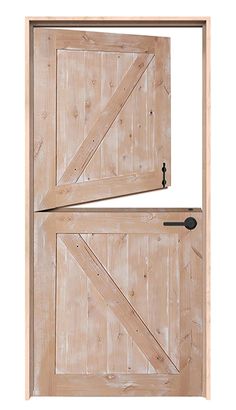 two wooden doors with one open and the other closed, both have black hardware on them