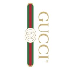 the gucci logo is shown in red, green and gold stripes on a white background