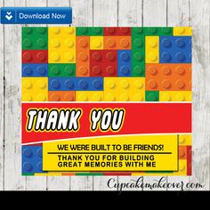 a thank card with legos on it that says, thank you we were built to be friends