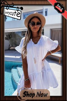 Casual Loose Fashion V-neck Ruffle Sleeve Hanging Beard Pleated Dress Women's White Dresses V-neck Ruffled Dresses For Beach Season, Summer Shift Mini Dress In Solid Color, V-neck Solid Color Beach Dress, Beach Season V-neck Mini Dress With Ruffles, Casual Ruffled Beach Dress, Shift Mini Dress With Short Sleeves For Vacation, Shift Mini Dress For Beach In Summer, Short Sleeve Mini Dress With Ruffle Hem For Vacation, Casual Beach Mini Dress With Ruffle Hem