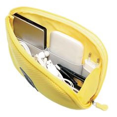 an open yellow zippered bag with electronics inside