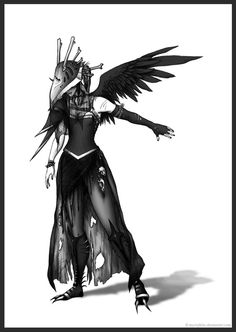 a black and white drawing of a woman with wings