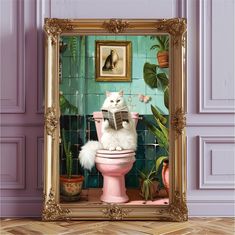 a white cat sitting on top of a pink toilet in a bathroom next to potted plants