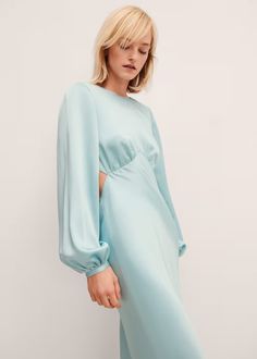 Satin dress with open back - Women | Mango USA Long Sleeve Open Back Dress, Mother Daughter Dates, Satin Outfits, Long Sleeve Satin Dress, Satin Design, Victoria And David, Satin Suit, Mother Daughter Outfits, Dress With Open Back