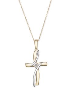 An artistic two-tone design and a diamond touch adds beautiful intrigue to this cross pendant necklace created in 10k gold and white gold. Rope chain. Approximate length: 18". Approximate drop: 1-1/8". 14k Gold Cross Jewelry With Diamond Accents, Macy's 14k Gold Jewelry For Anniversary, Elegant 14k Stamped Cross Jewelry, Macy's 14k Gold Jewelry With Diamond Accents, Elegant 14k Stamped Cross Pendant Jewelry, Yellow Gold Cross Pendant Jewelry With Diamond Accents, Macy's Yellow Gold Necklaces With Diamond Accents, Macy's Yellow Gold Jewelry With Diamond Accents, Yellow Gold Cross Pendant With Diamond Accents