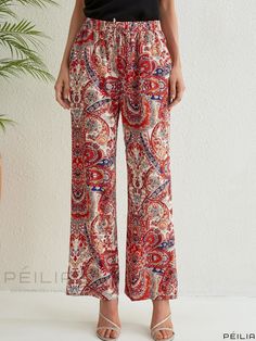 Peilia - Stylish Paisley Print Drawstring Pants - Ideal Bohemian Attire for Spring & Summer - Premium Womens Fashion Bohemian Attire, Boho Fits, Bohemian Pants, Straight Leg Pant, Pocket Pattern, Printed Drawstring, Style Boho, Drawstring Pants, Autumn Summer