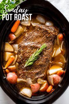 a pot roast with carrots, potatoes and celery is shown in the slow cooker