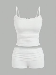 Contrast Lace Cami Top & Shorts For Summer White Casual    Colorblock,Plain,Striped  High Stretch  Women Clothing, size features are:Bust: ,Length: ,Sleeve Length: Short Shein, Cute Tube Tops, Lace Top White, Tube Top And Shorts, White Clothes, Fits Aesthetic, Chill Fits, Shein Outfits, Lace Cami Top