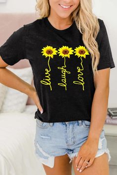 Live Laugh Love Sunflower Black T-shirt Black T-shirt With Sunflower Print For Spring, Black Floral Print Casual T-shirt, Spring Black T-shirt With Sunflower Print, Trendy Black Floral Print T-shirt, Spring Black T-shirt With Floral Print, Black Floral Print T-shirt For Spring, Casual Black T-shirt With Floral Print, Casual Black Floral Print T-shirt, Black Floral Print Crew Neck T-shirt