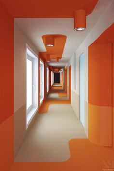 an orange and white hallway with lights on either side of the corridor leading to another room