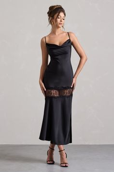 Turn your attention to Matera, the perfect maxi for wedding guest season. Arriving in a classic black shade of our premium flowing satin that drapes over your curves and boasts a feminine cowl neckline. Matera is detailed with an elegant lace panel, style yours with a tousled bun and some strappy stilettoes for your next occasion.Features - Premium satin- Cowl neckline- Adjustable cami straps- Invisible zip closure- Lace panel- Thigh side split - Maxi length Sizing & Fit Model is 5'7 and wears UK size 8 / US size 4Product Information Designed exclusively by Club L London Unlined with no stretch Premium satin and lace in Black (96% Polyester, 4% Elastane) 140cm total length SKU: CL134862002 Maxi For Wedding, Dark Dress, Black Dress Prom, Black Tie Gala, Casual Day Dresses, Party Dress Long Sleeve, Bridesmaid Outfit, Black Sequin Dress, Black Shade