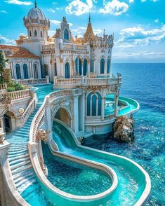 a large building with a waterfall in the middle of it and blue water running through it