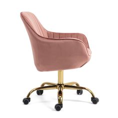 an office chair with wheels and a pink upholstered cushion on the back, against a white background