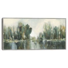 an abstract painting with trees in the background and water on the bottom right hand side