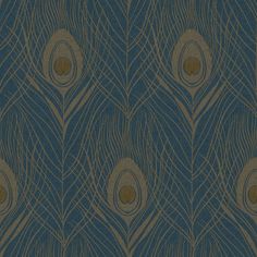 a blue and gold wallpaper with peacock feathers