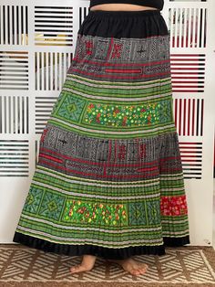 "Maxi Hmong elastic waist Skirt,Thailand Hmong Hill Tribe Maxi Skirt,Amazing Hilltribe skirts , made by Hilltribe fabric, Vintage embroidered and appliqued block printed pleated skirt. Maxi Hmong elastic waist Skirt, 100% cotton and Hilltribe Fabric Measurements - W 28-36\" - Hip 50\" - Total Length : 38\" ❤️ PAYMENT We accept payments via PayPal only. ❤️❤️ Delivery Time : USA only 2business days Canada: 2- 3 business days France: 2- 3 business days Germany 2- 3 business days North America: 2- 3 Traditional Green Embroidered Skirt, Traditional Multicolor Embroidered Skirt, Traditional Long Pleated Skirt, Traditional Tiered Lined Skirt, Traditional Green Tiered Skirt, Traditional Cotton Pleated Skirt, Traditional Tiered Skirt, Traditional Embroidered Skirt, Traditional Patchwork Skirt For Festivals