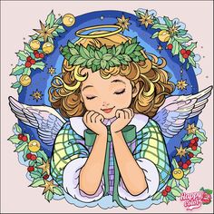 an angel sitting in front of a wreath with stars and holly leaves on it's head