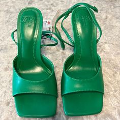 Zara, New Women Sandals, Size 36. Never Worn With Tags Chic Green Slingback Sandals For Spring, Green Sandals With Heel Strap, Green High Heel Sandals For Summer, Chic Green Slingback Sandals With Ankle Strap, Summer Green High Heel Sandals, Chic Green Ankle Strap Slingback Sandals, Green Synthetic Slingback Sandals For Summer, Green Slingback Sandals With Heel Strap For Summer, Green Slingback Sandals With Heel Strap For Spring