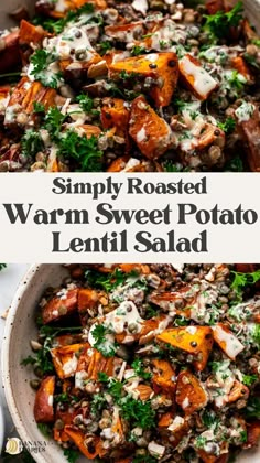 a white bowl filled with sweet potato lentil salad