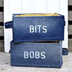 two denim bins with the words bits and bobs printed on them, sitting next to each other