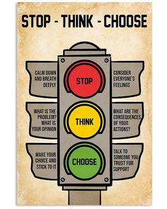 a traffic light with the words stop, think, and choose in different languages on it