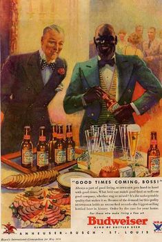 an advertisement for budweiser beer with two men standing at a table full of bottles