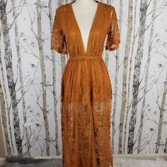 Gorgeous Lace Plunge Maxi Dress. It’s More Of A Burnt Orange/Golden Yellow Color. New With Out Tags, The Dress Is Unworn And Floor Length With A Deep Plunge And Split Sides With Sheer Lace Detail. Lace Maxi Romper, Maxi Dress Bridesmaid, Plunge Maxi Dress, Golden Yellow Color, Maxi Romper, Deep Plunge, Boho Lace, Senior Pics, Planning Ideas