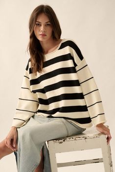 Bend the Rules Striped Rolled-Edge Sweater - ShopPromesa Striped Knit Sweater, Exposed Seams, Striped Knit, The Rules, Drop Shoulder, Bend, Round Neckline, Knit Sweater, Knitted Sweaters