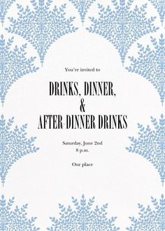 a dinner and after dinner party card with blue leaves on white paper in the center