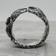 Brutalist Open Ring With Oxidized Finish, Brutalist Oxidized Open Ring Jewelry, Unique White Gold Open Band Ring, Unique White Gold Open Ring, Unique Engraved Promise Ring, Brutalist Style Open Ring Jewelry, Brutalist Oxidized Open Ring, Brutalist Hand Cast Open Ring, Brutalist Style Open Metal Ring