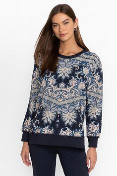 Crafted from a cotton blend with a hint of stretch, the High Low Crewneck Sweatshirt is equal parts cozy and whimsical. Featuring a crew neckline and long sleeves, this sweatshirt is embellished with an ornate and colorful pattern and is finished with a classic high-low hem. Pair with boyfriend jeans and fashion sneakers for a casual weekend look. Women's High Low Crew Neck Sweatshirt by Johnny Was in Roman Paisey Scarf Print, Size PS, Cotton Bohemian Long Sleeve Jacquard Knit Sweater, Elegant Blue Paisley Print Scarves, Blue Paisley Print Bohemian Scarf, Luxury Jacquard Knit Long Sleeve Sweatshirt, Johnny Was Clothing Shirts & Tops, Johnny Was, Scarf Print, Boyfriend Jeans, High & Low