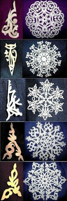 several snowflakes are shown in different colors and shapes, including one that has been cut