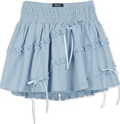 Cotton Stretch Tiered Skirt Bottoms, Light Blue Stretch Skirt For Summer, Spring High Waist Non-stretch Skort, High Waist Non-stretch Spring Skort, Skirted Bottoms With Elastic Waistband For Spring, Casual Stretch Tiered Skirt, Spring Cotton Non-stretch Skort, Blue Ruffled Stretch Skort, Blue Stretch Ruffle Skort