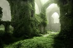 an old abandoned building with ivy growing on it's walls and arches over the doorways