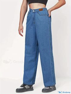 Orcajump - Blue Wide Legs Straight Jeans, Non-Stretch Loose Fit Slash Pockets Denim Pants, Women's Denim Jeans & Clothing Solid Full-length Denim Flare Jeans, Solid Full Length Denim Flare Jeans, Solid Denim Bottoms, Women's Denim Jeans, Denim Pants Women, Denim Details, Women Denim Jeans, Wide Legs, Jean Outfits