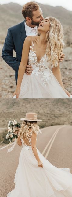 the bride and groom are kissing on the road