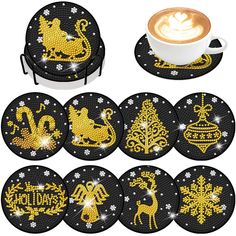 six coasters with gold glitter designs on them and a cup of coffee in the middle