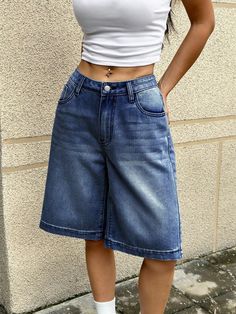 Summer Casual Wide Leg Denim Shorts, Washed Dark Wash Casual   Denim Plain Bermuda Non-Stretch  Women Clothing, size features are:Bust: ,Length: ,Sleeve Length: Cheap Trendy Short-length Jeans, Cheap Baggy Shorts, Cheap High Rise Denim Blue Skort, Cheap Casual Cargo Shorts, Cheap Trendy Cargo Shorts, Cheap High Waist Cargo Shorts, Jorts Women, Long Jean Shorts, Denim Shorts Outfit